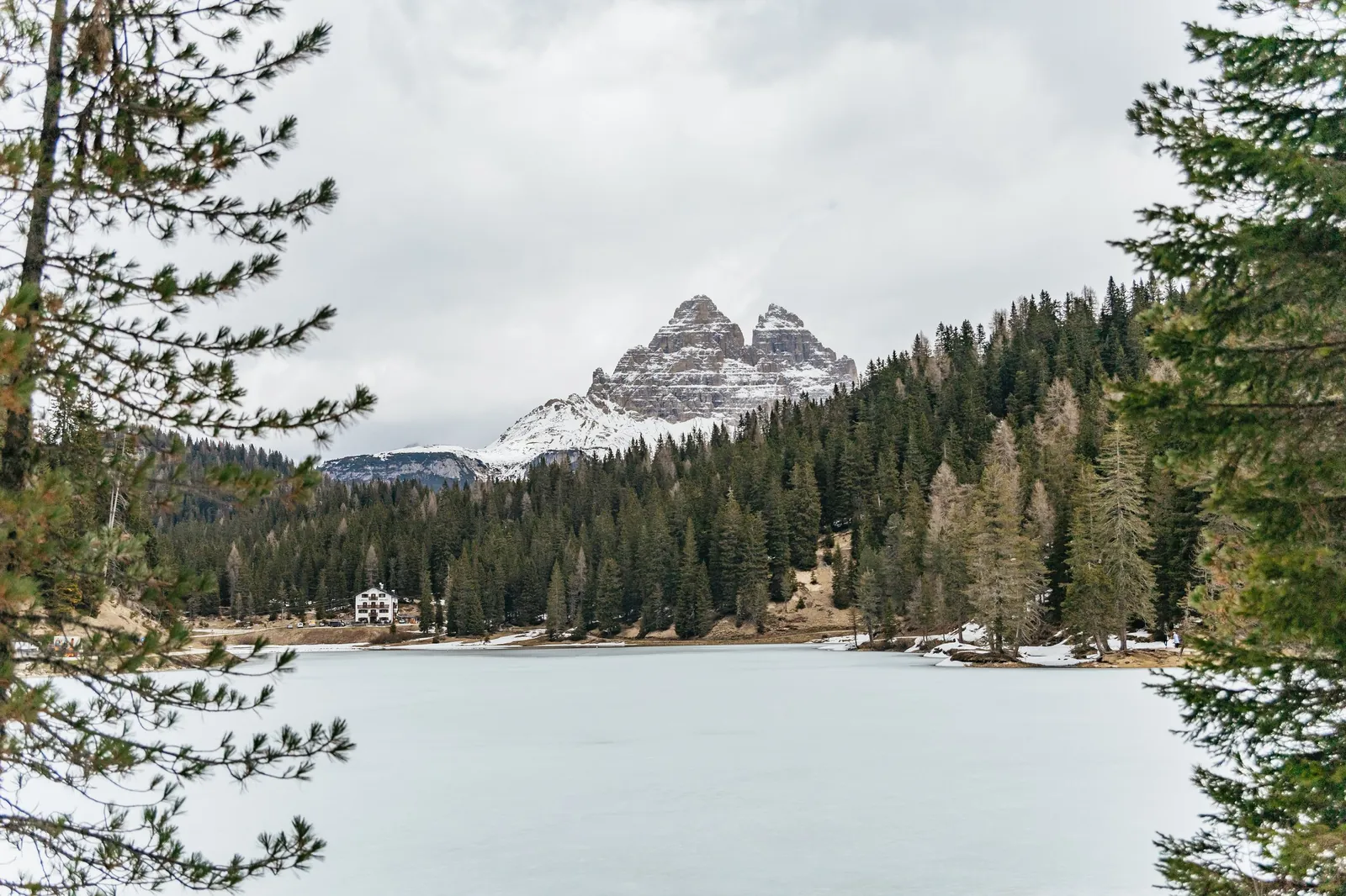 Frozen Lake Misurina with the Tre Cime di Lavaredo behind