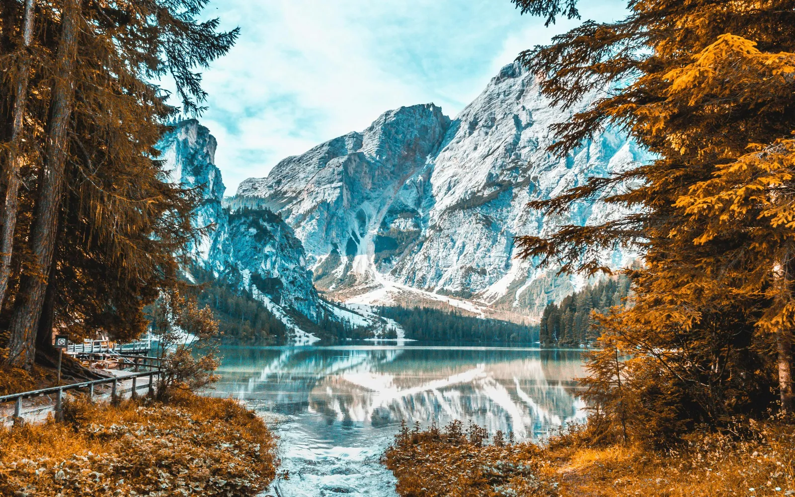 Autumn larches around a mountain lake reflecting a snowy peak