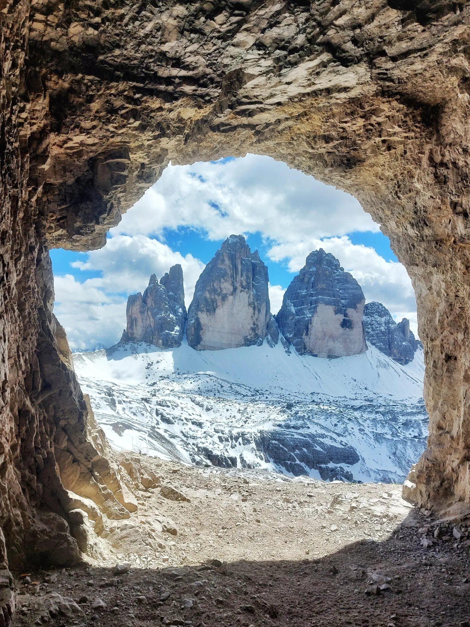 Tre Cime di Lavaredo framed by a First World War tunnel