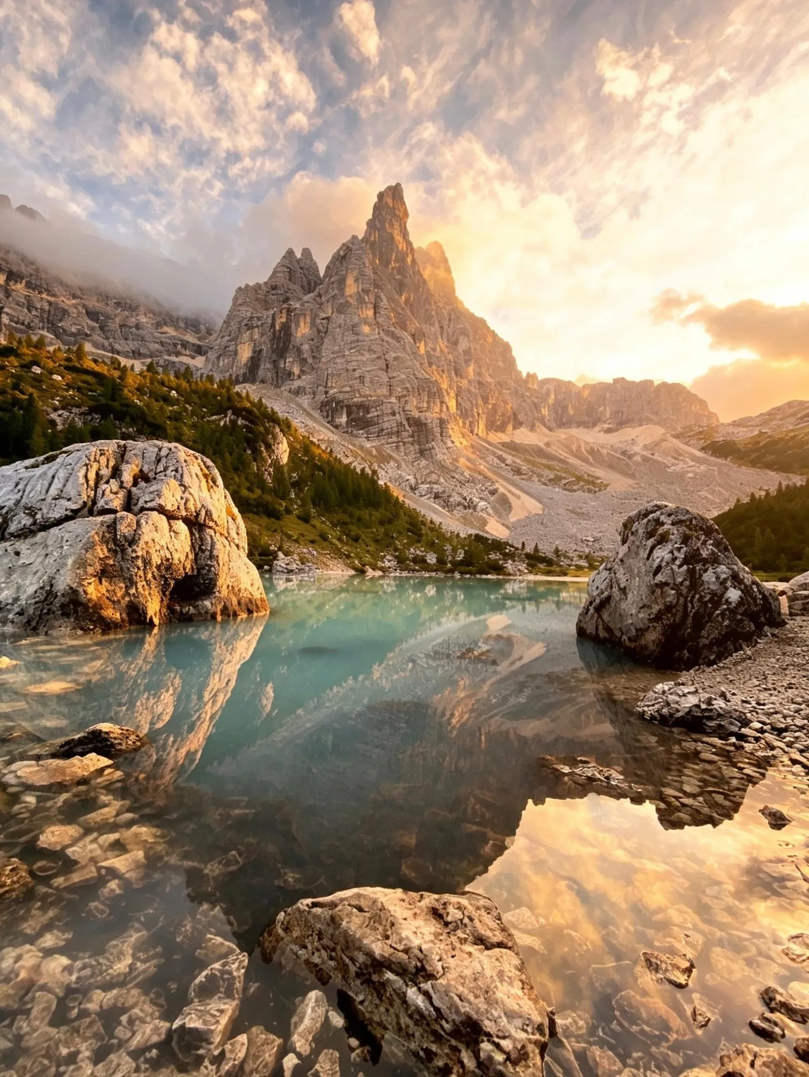 Sunset glow on the rocks above Lake Sorapis