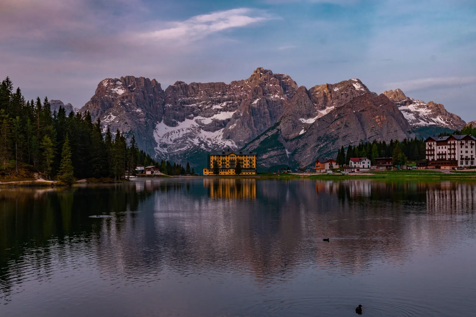 Lake Misurina at dusk with the Sorapiss catching the last light