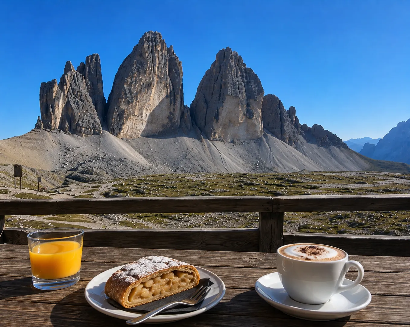 Coffee and strudel on a hut terrace facing the Tre Cime di Lavaredo