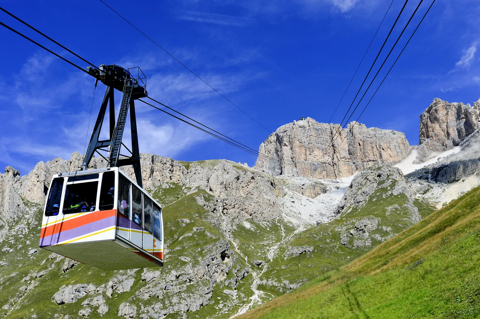 Red cable car climbing to the Dolomites terrace at Sass Pordoi