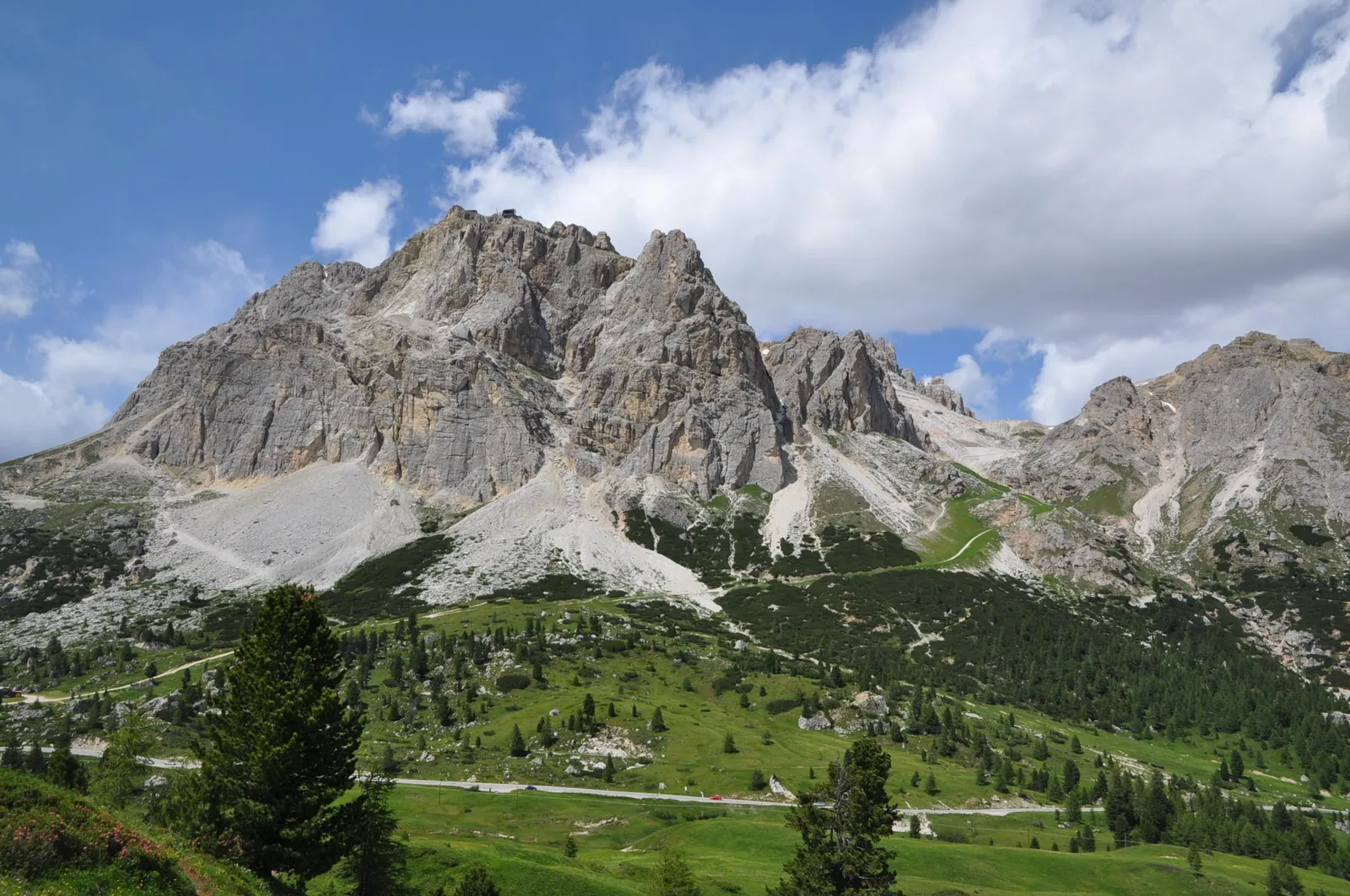 Grey limestone towers above the pines on a Cadore pass road
