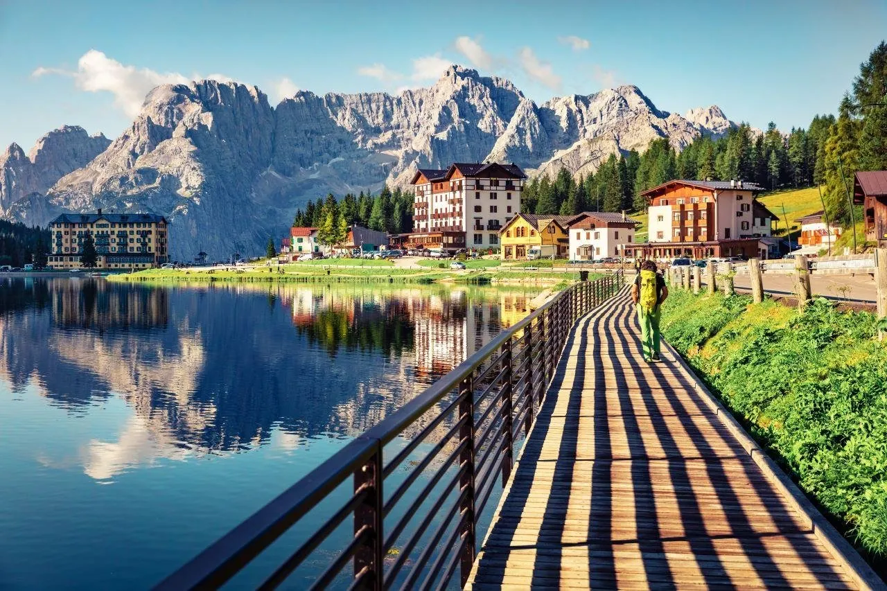Boardwalk along Lake Misurina with the Grand Hotel on the far shore