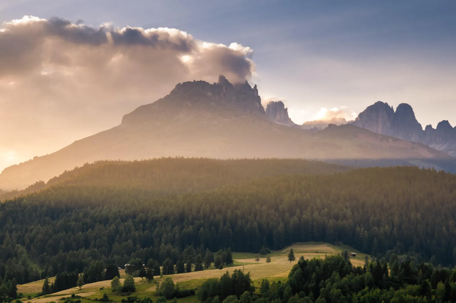 Evening light on a Dolomites ridge above the forest