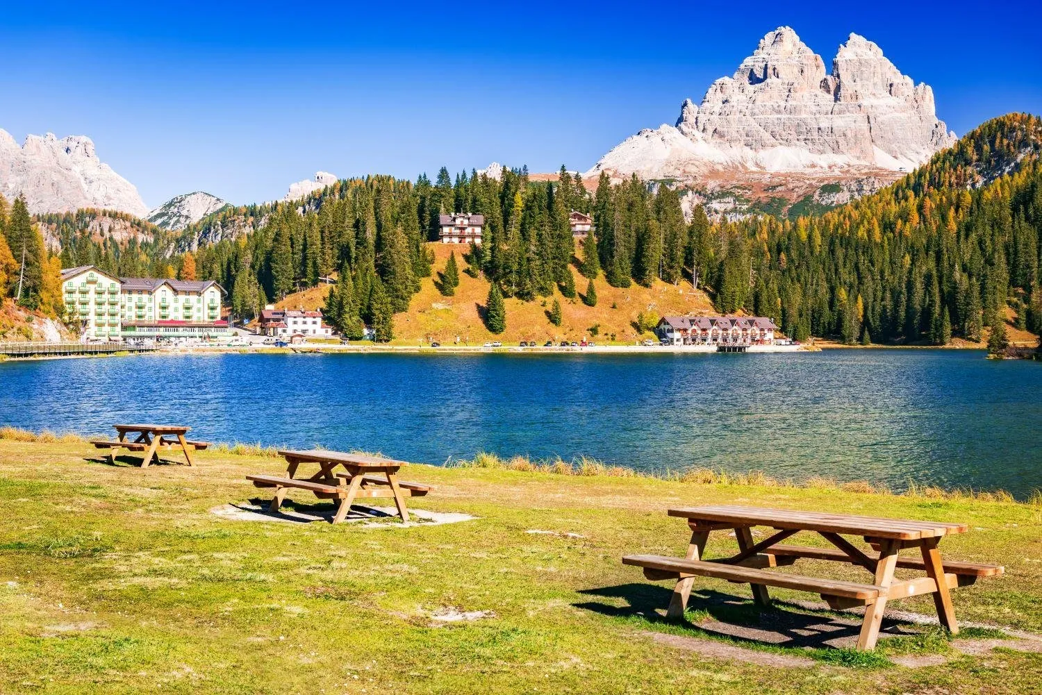 Tre Cime di Lavaredo above the picnic meadow at Lake Misurina