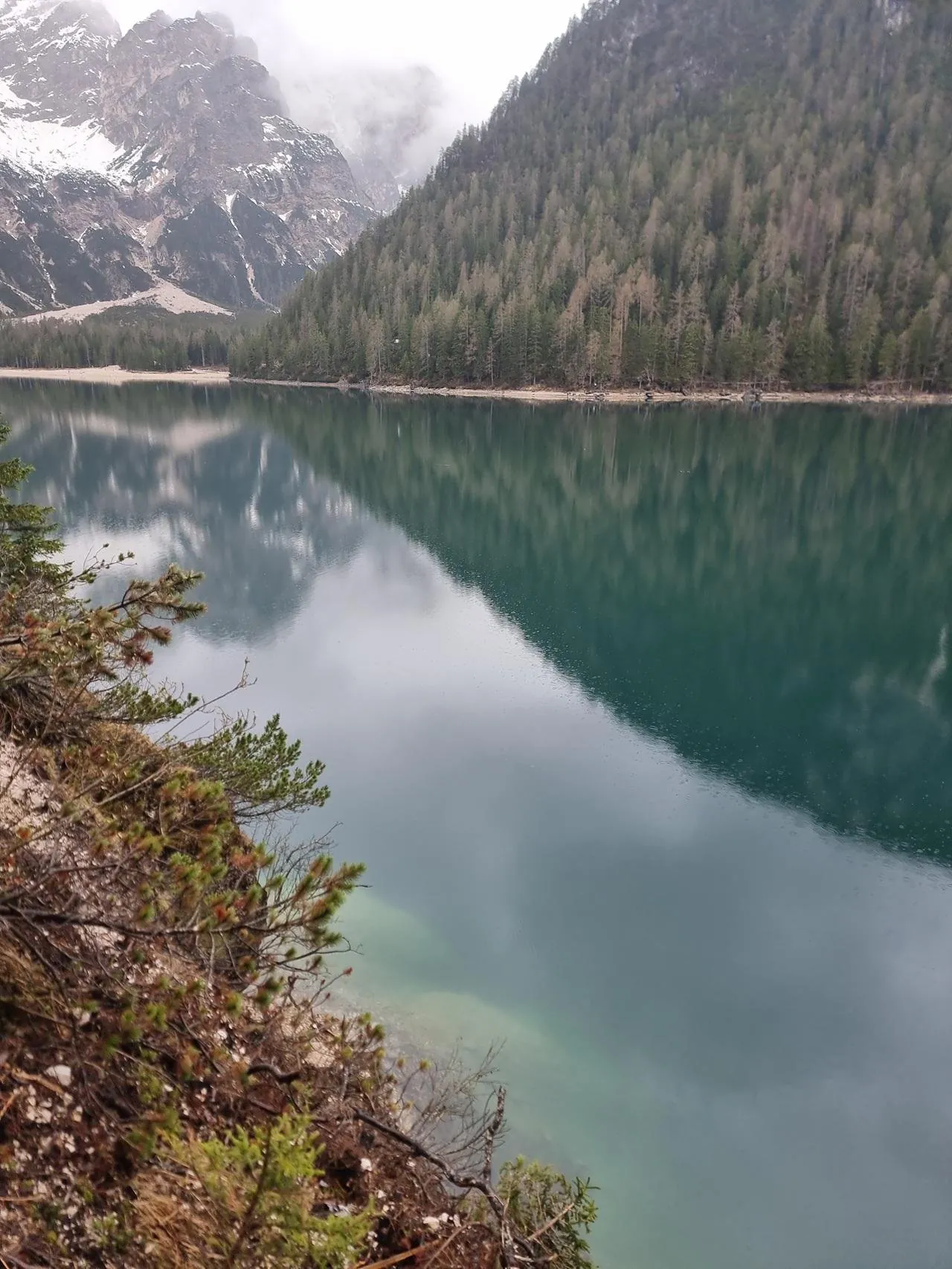 Still water and forested slopes at an alpine lake near Braies