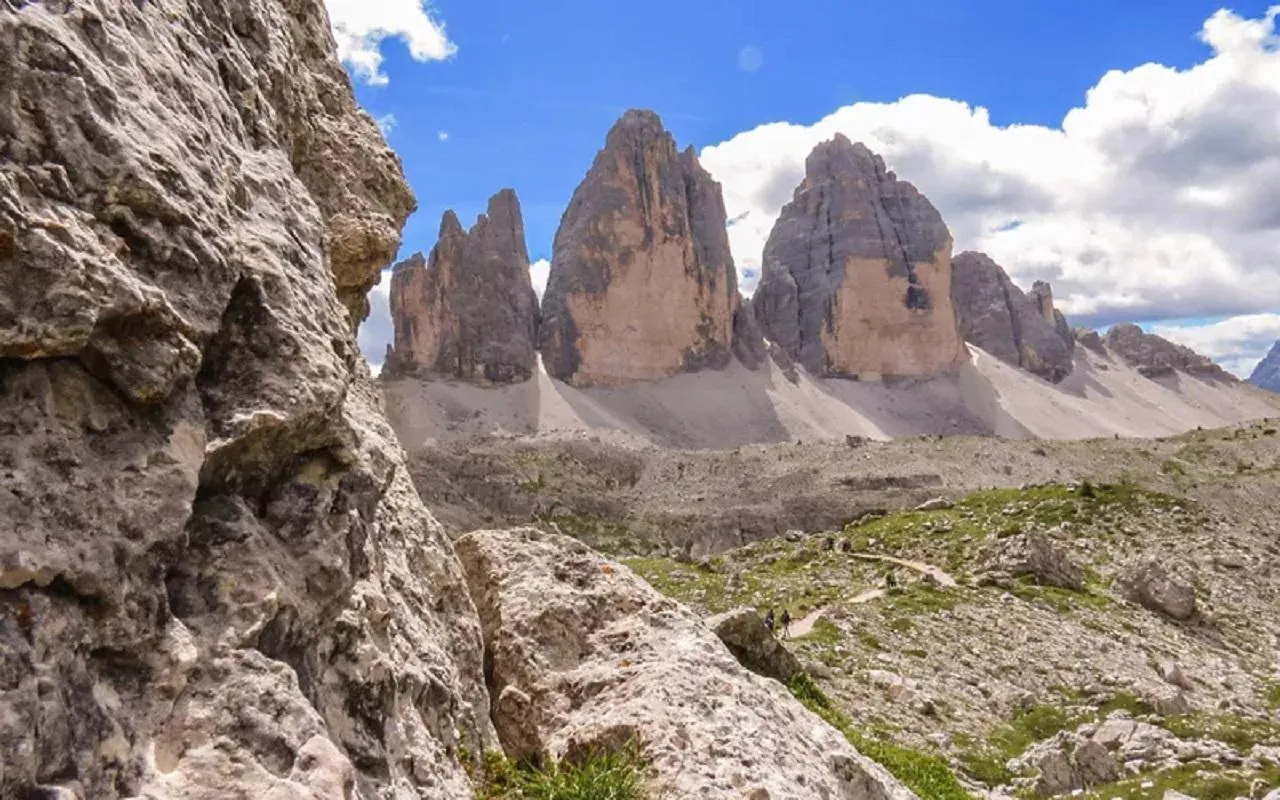 The three spires of the Tre Cime di Lavaredo from a rock window