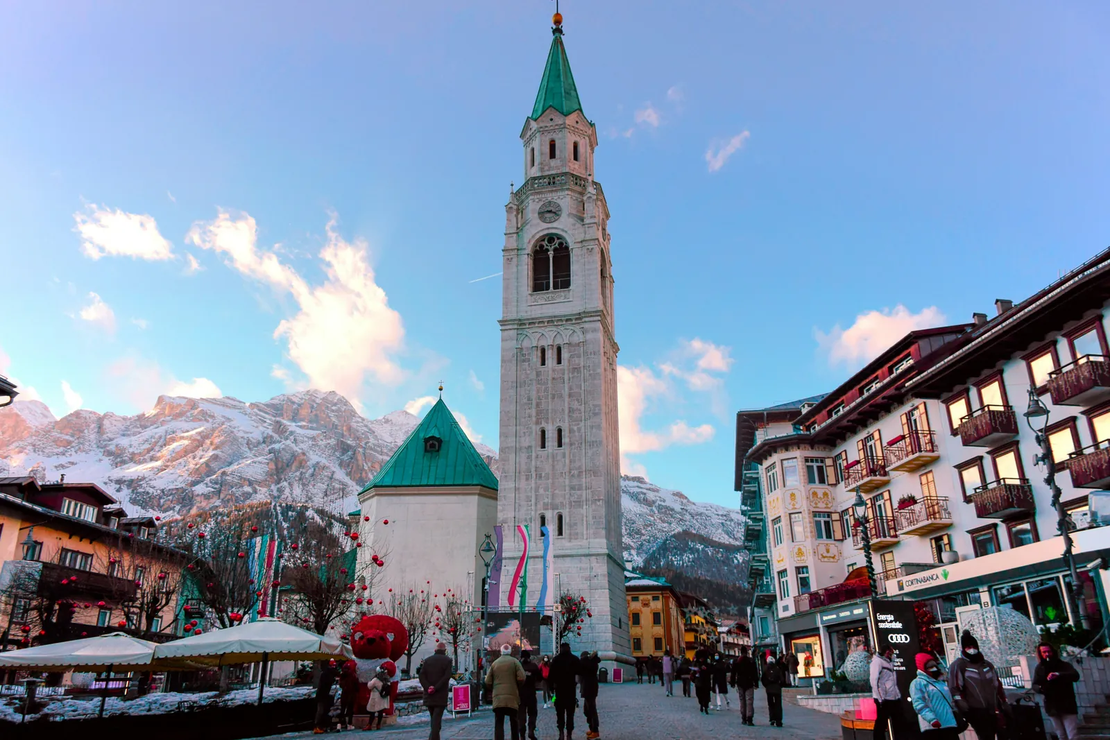 Cortina d'Ampezzo bell tower and the Corso Italia pedestrian street